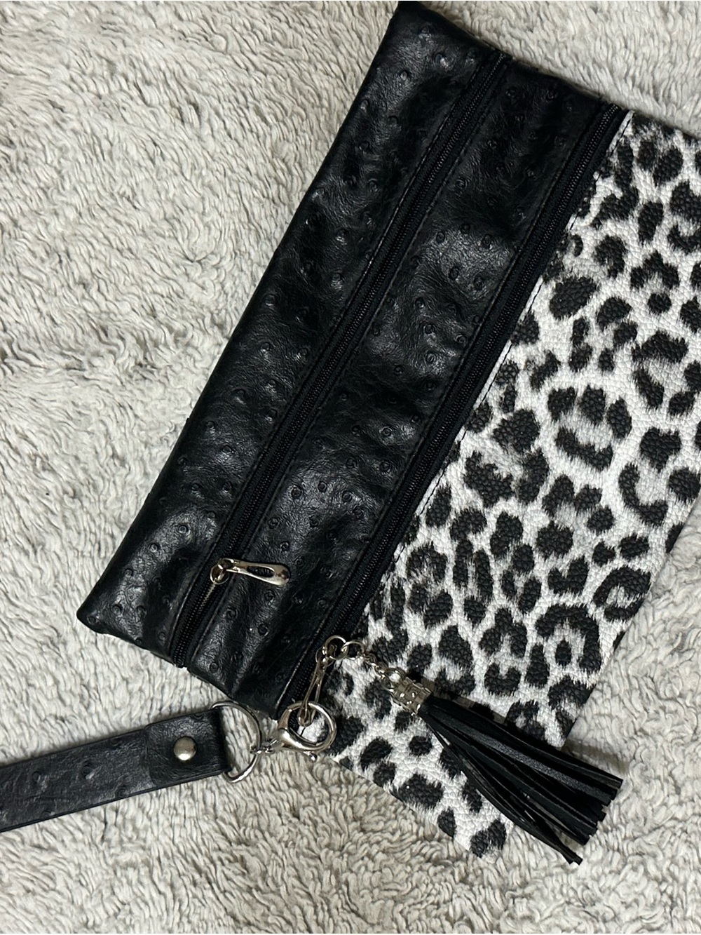 Black Faux Ostrich & Leopard Print Wristlet Clutch with Tassel